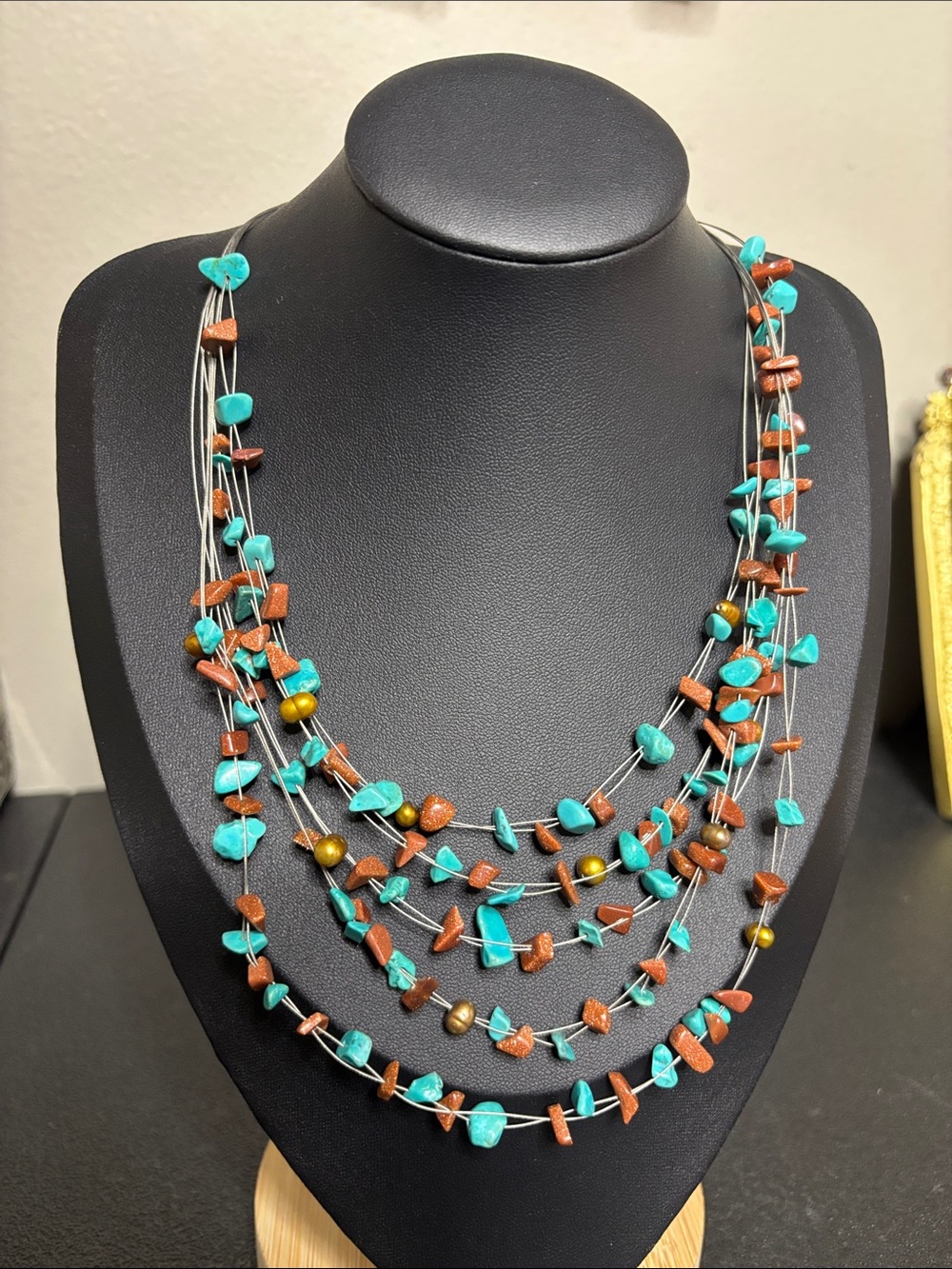Turquoise & Brown Multi-Strand Stone Necklace Boho Western Jewelry